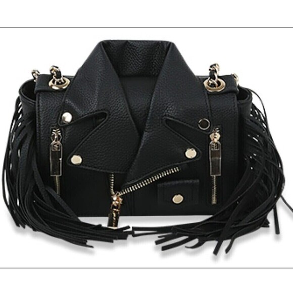 Fringe Faux Black Leather Motorcycle Jacket Crossbody Petite Purse - Picture 1 of 11